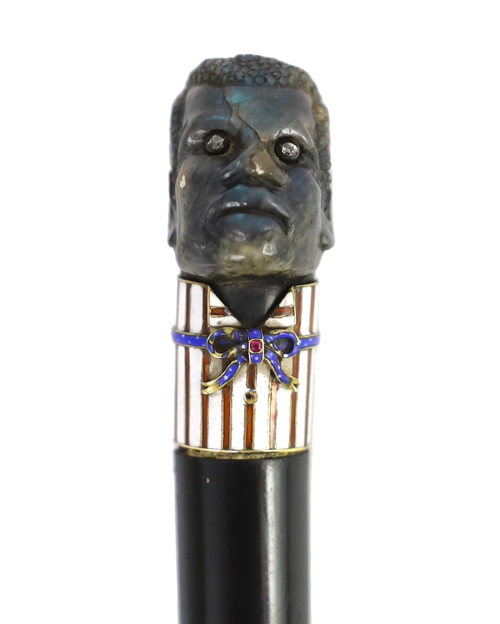A 19th century French carved labradorite, diamond, ruby and enamel handled ebonised cane, 91cm